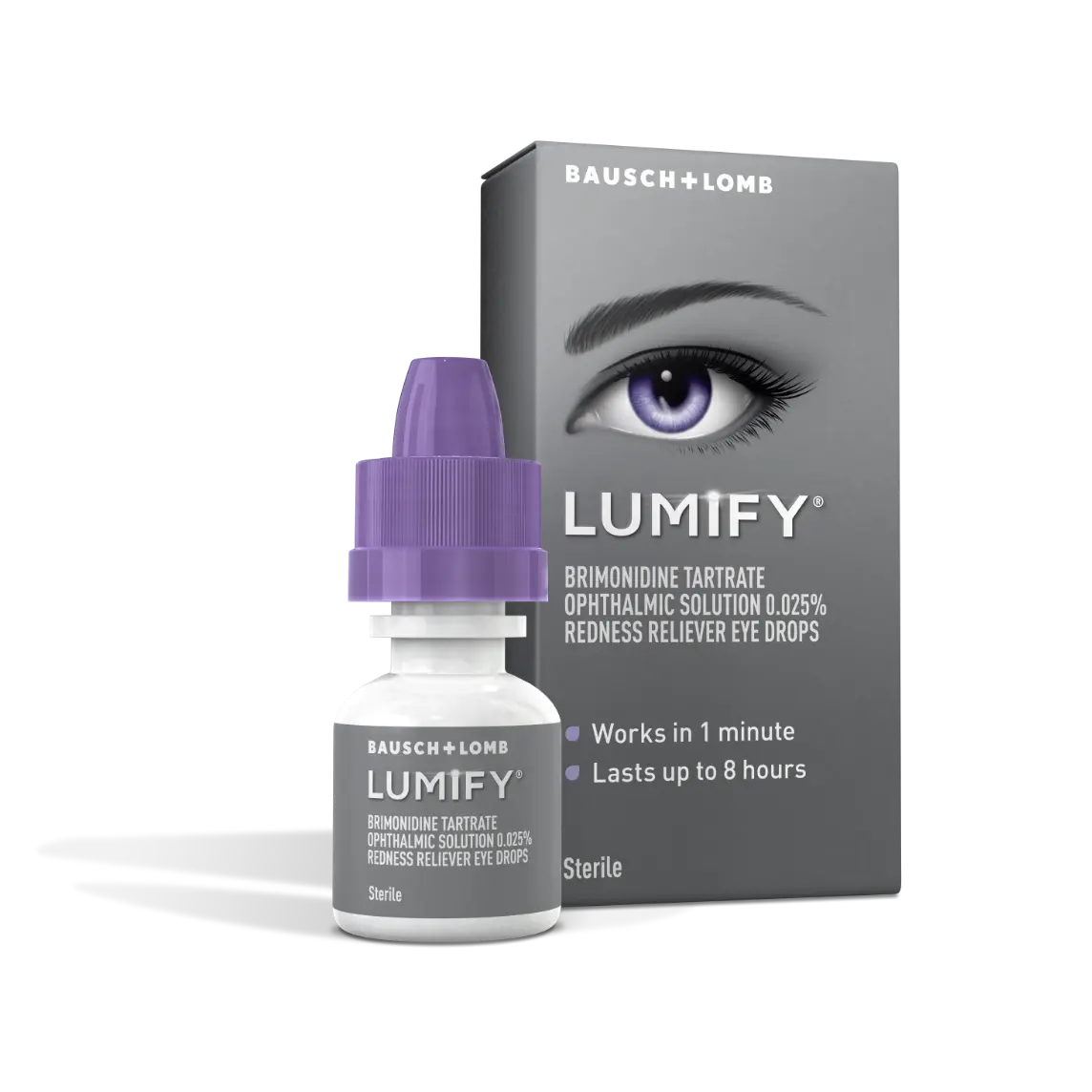 Bottle of Lumify redness reliever eye drops next to its box