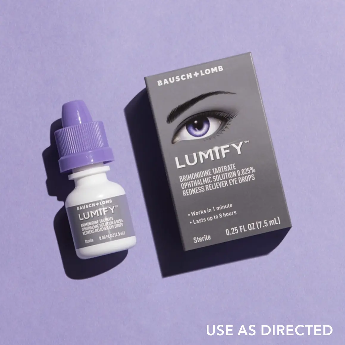 Bottle of Lumify redness reliever eye drops next to its box