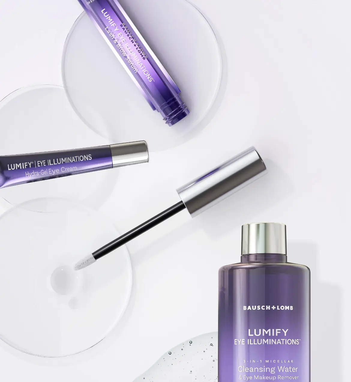 Three Lumify products laid out by petri dishes