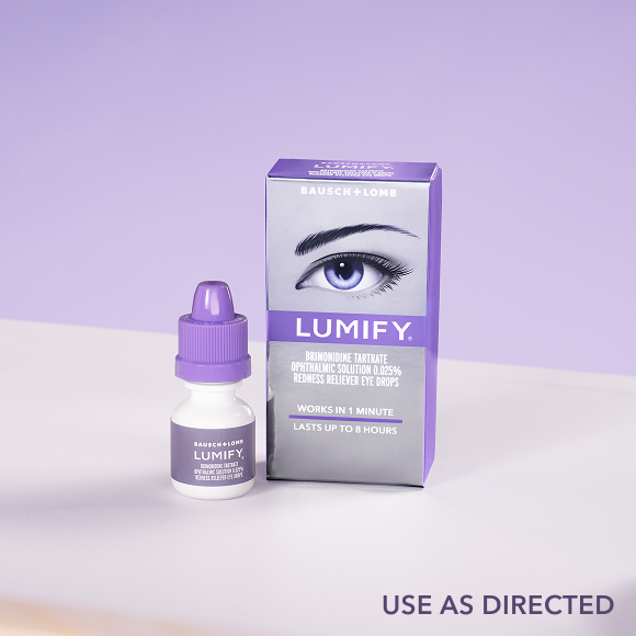Bottle of Lumify redness reliever eye drops next to its box
